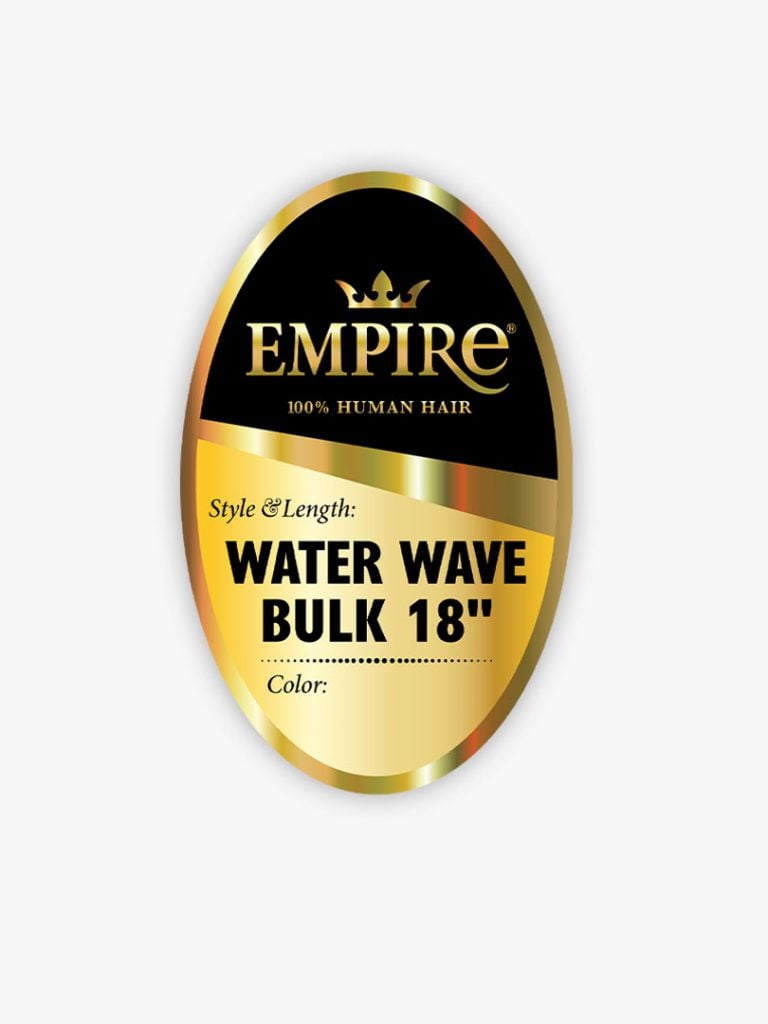 Gold and black oval product label for Empire HH Water Wave Bulk 18 human hair, showing style and length.