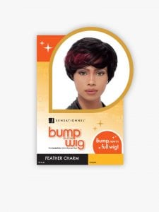 HH BUMP WIG URBAN PIXIE product box. Features a woman with a short, layered black pixie wig and reddish-purple bangs.