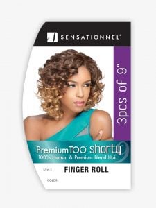 Product packaging for HH FINGER ROLL WVG 9 (SHORTY) shows a woman with short, curly, ombre brown-to-blonde hair.