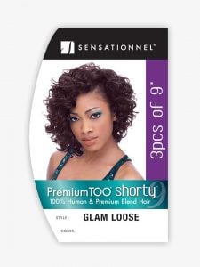 Packaging for HH GLAM LOOSE WVG 9 (SHORTY). Model wears short, loose, dark reddish-brown curls.