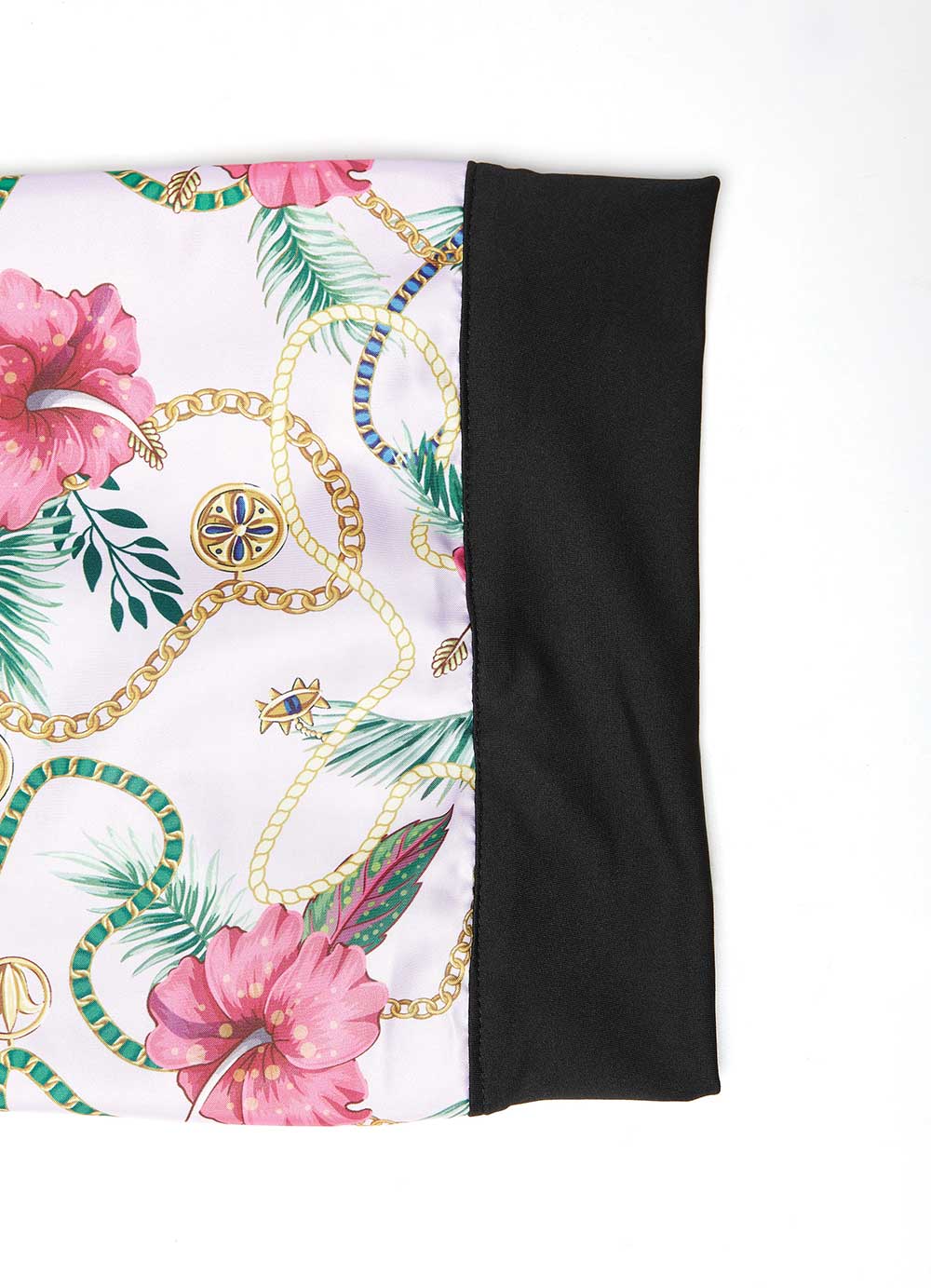 RED By Kiss Luxury Satin Braid Bonnet. Patterned satin with pink hibiscus, green leaves, gold chains, and a solid black wi...