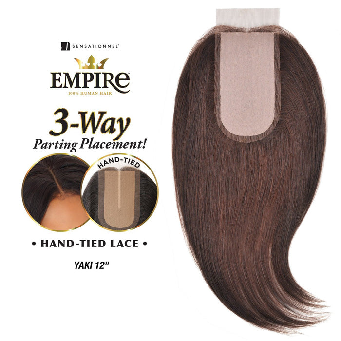 HH CLOSURE-YAKI 12 (EMPIRE): A dark brown, straight Yaki human hair closure with a hand-tied lace top for flexible parting.