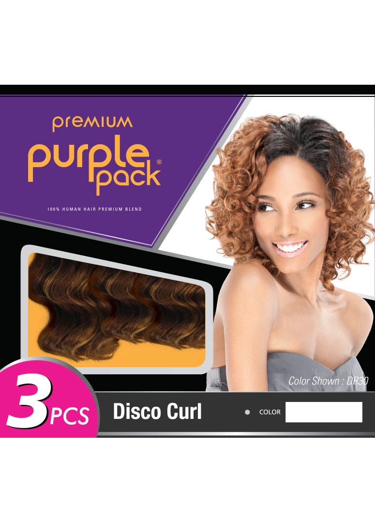 Purple Pack Disco Curl packaging. Smiling woman models short, voluminous reddish-brown curls (DR30). A swatch shows wavy b...