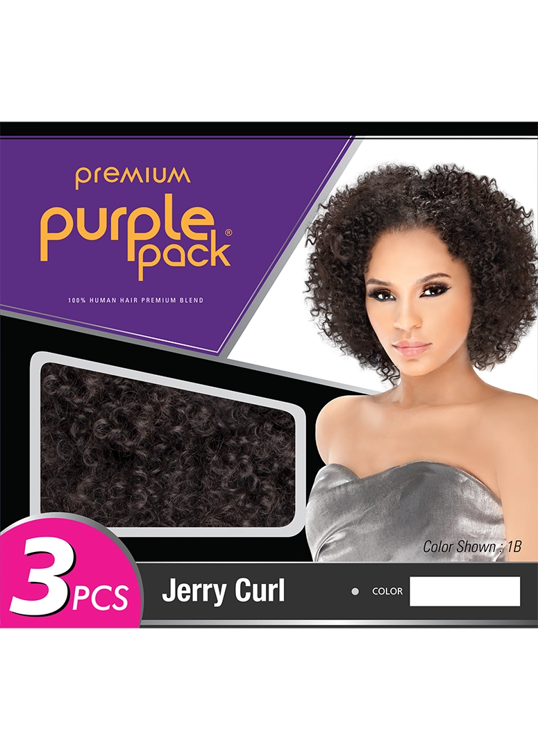 Purple Pack Jerry Curl Hair packaging showing a model with short, dark, voluminous Jerry curls and a hair texture swatch.