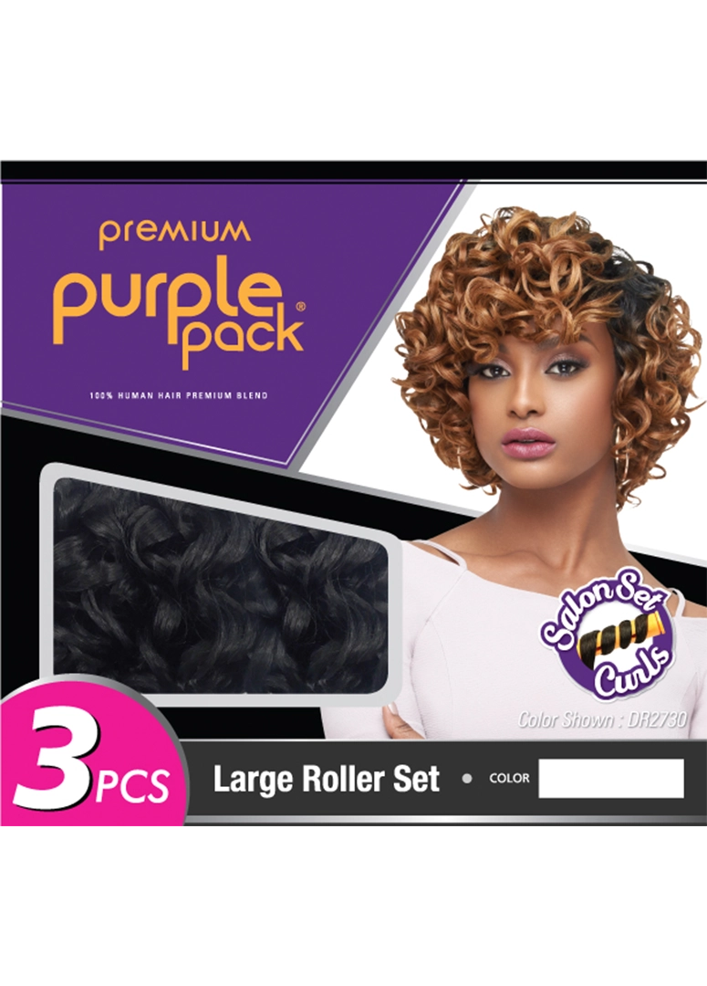 Purple Pack Large Roller Set 3 Piece Bundle packaging: model with short blonde ombre curls and a dark wavy hair swatch.