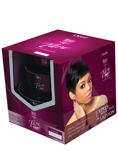 Magenta REMI TARA 1-2-3 product packaging. A model wears a short, black, layered pixie cut. Hair bundles are visible inside.