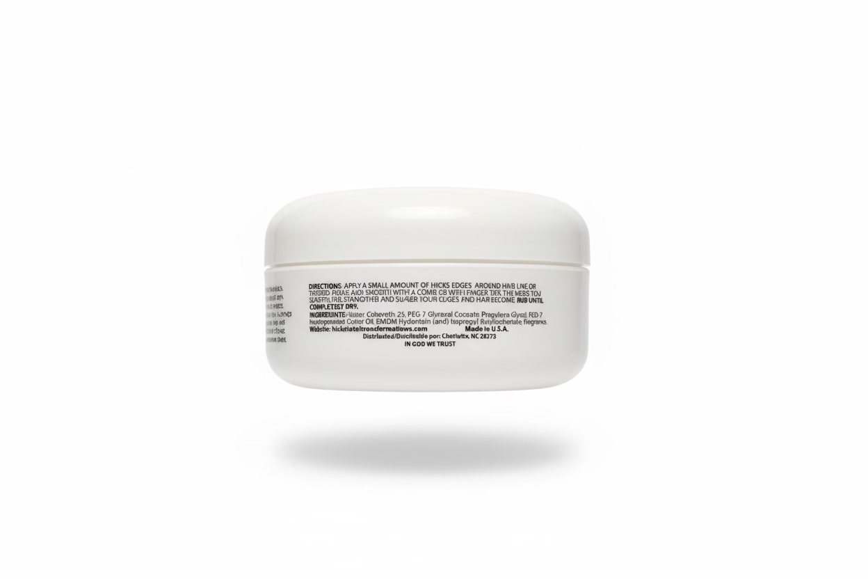 Back of white Hicks Total Transformations Edges Styling Pomade jar, showing directions and ingredient list.