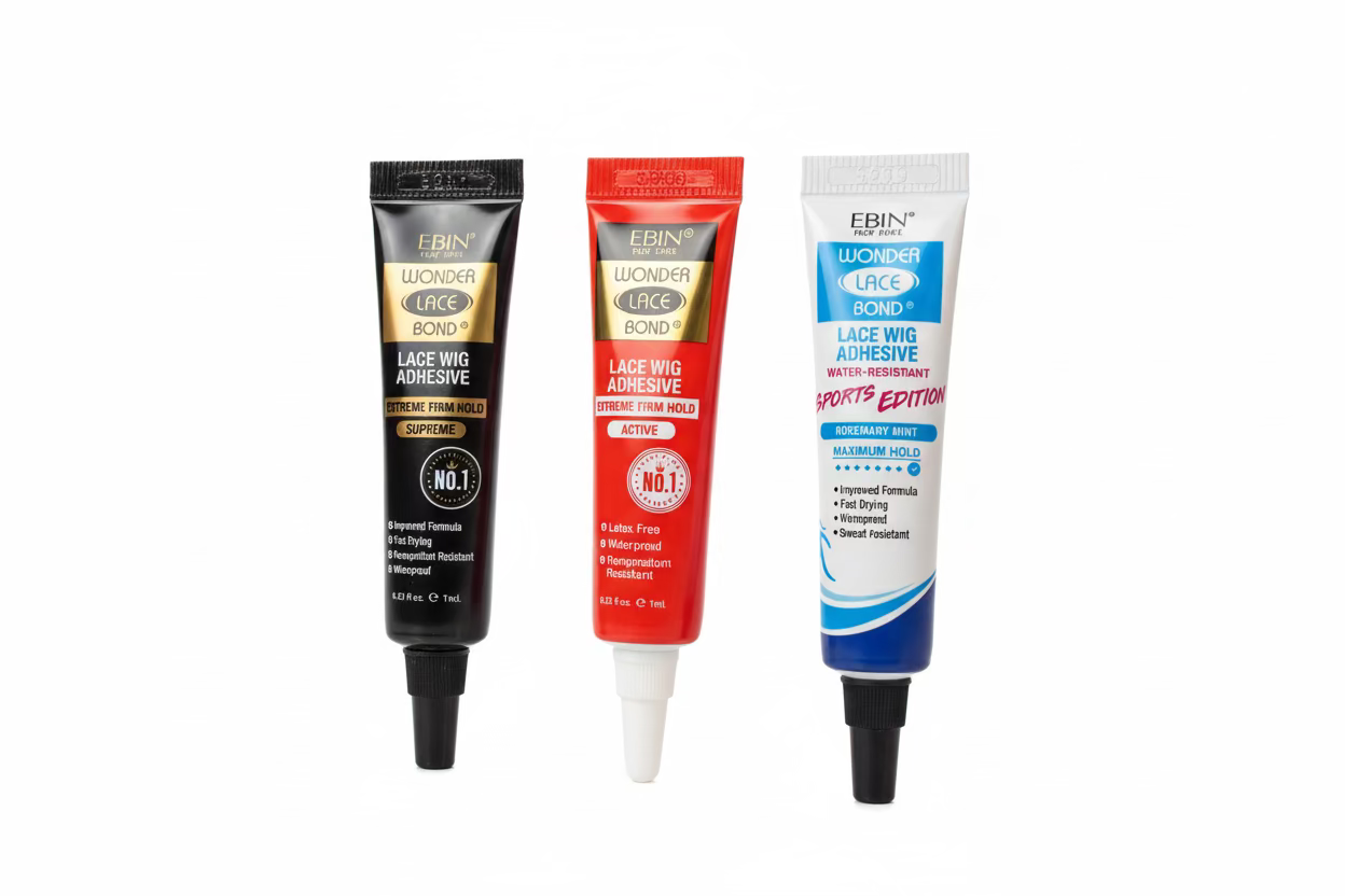 Product packaging for Ebin Wonder Lace Bond Lace Wig Adhesive. A white tube with blue accents, labeled Sports Edition Rose...