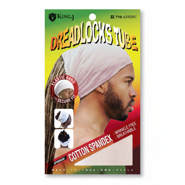 Spandex Tube For Dreadlocks packaging with a man wearing a light pink tube over his long, light brown dreadlocks.