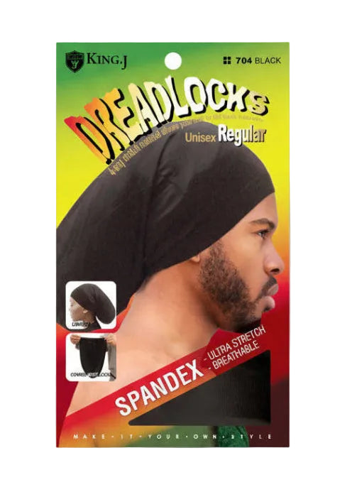 Product packaging featuring a man wearing the black Spandex Cap For Dreadlocks - Regular, shown from the side.