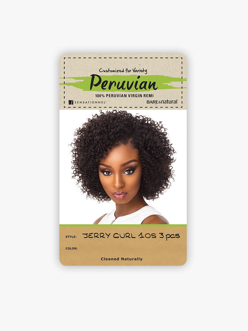 Packaging for HH JERRY CURL 10S 3PCS-PERUVIAN (B&N) shows a model with a dark, short, voluminous jerry curl wig.