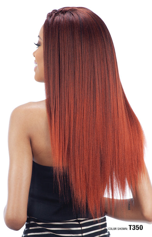 Model wears Freetress 10X Braid 301 Pre-Stretched Braiding Hair in T350 auburn. Long, straight, crimped strands with a cro...
