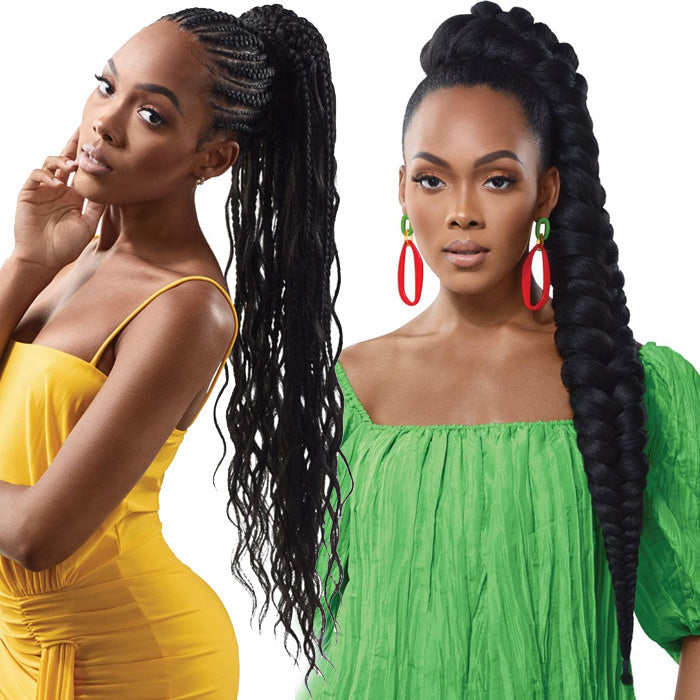 Two women model Braid Up Pre-Stretched Braiding Hair. One has a high braided ponytail with wavy ends; the other a thick, l...