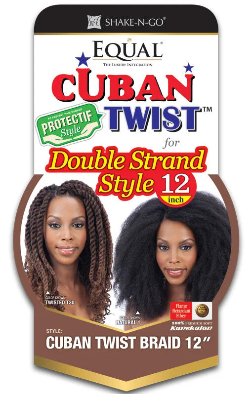 EQUAL Cuban Twist Braid packaging. Two models with 12-inch hair: brown twisted braids & voluminous black kinky hair.