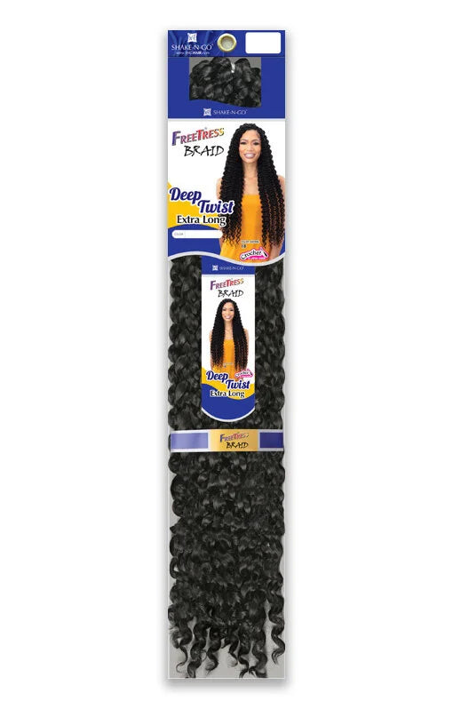 Freetress Braid Deep Twist Extra Long crochet hair packaging. Shows a model with long, dark, deep twists. Hair product vis...