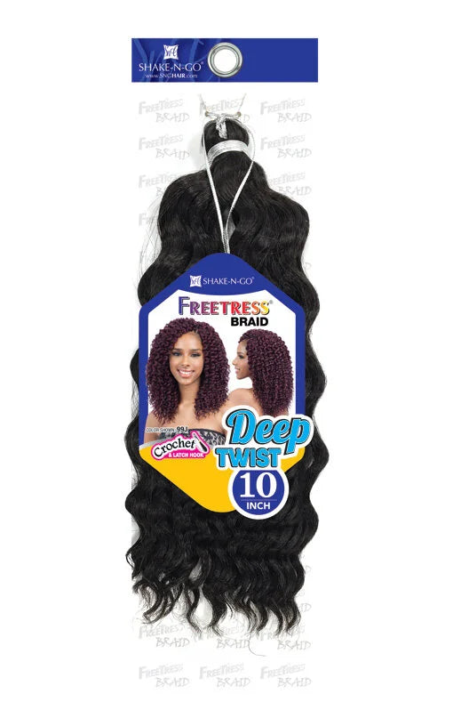 Freetress Deep Twist 10" crochet hair product packaging. Black wavy hair and a model with reddish-purple twist style.