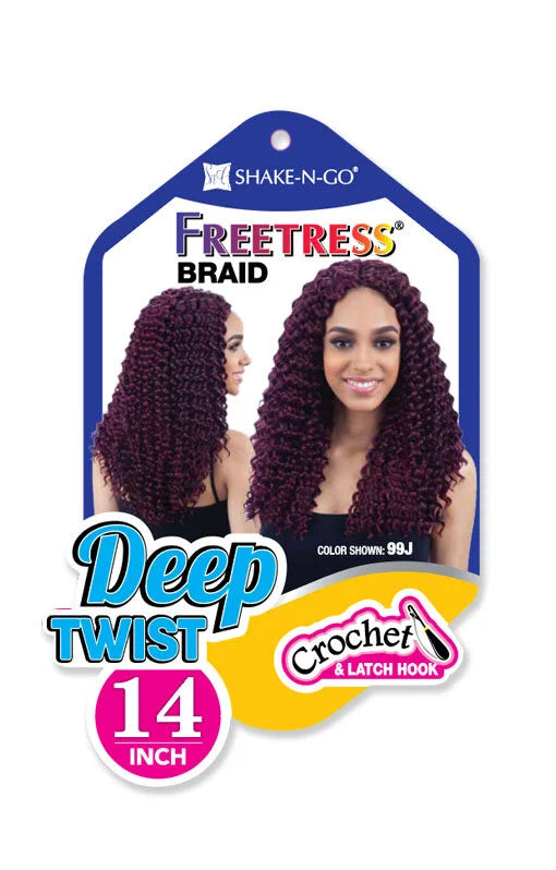Freetress Braid Deep Twist 14" crochet hair packaging. It shows a woman with long, reddish-purple deep twist hair.