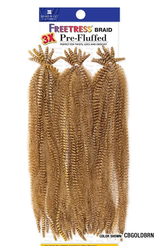 FREETRESS BRAID 3X Pre-Fluffed Poppin Twist 20" packaging. Three bundles of long, fluffy, golden-brown kinky hair.