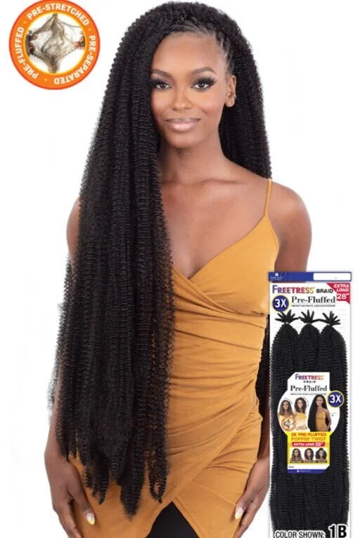 Woman with waist-length Freetress 3X Pre-Fluffed Poppin Twist hair in black. Packaging shows 28" bundles.