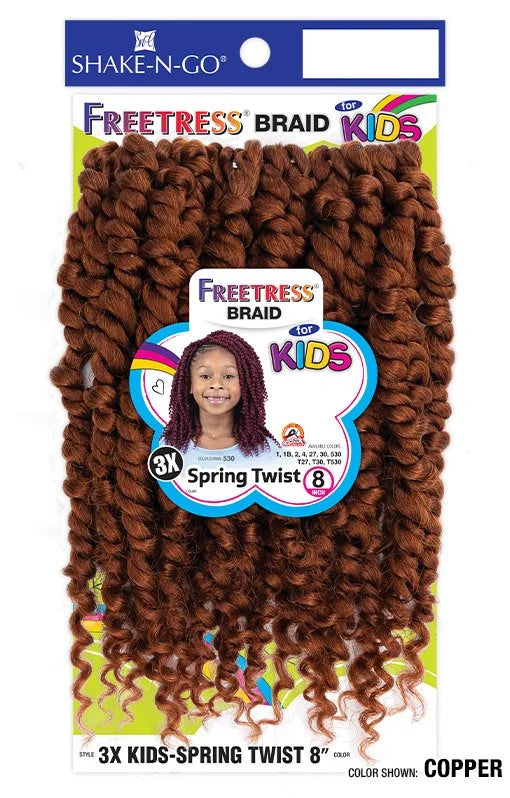 Freetress Braid 3X Kids-Spring Twist 8" Crochet Hair packaging showing copper spring twist hair bundles. A girl wears burg...