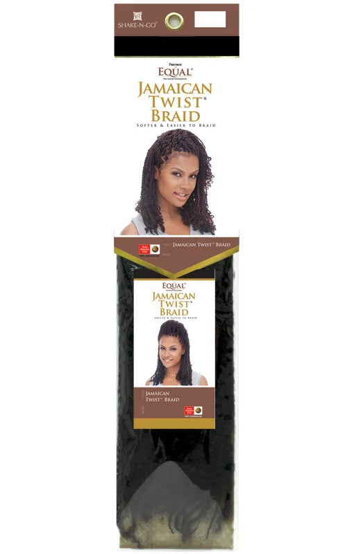 Freetress Equal Jamaican Twist Braid product packaging. Features a model with dark, medium micro twists and the hair bundle.