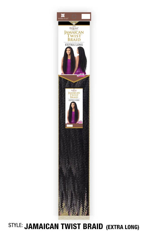 EQUAL Jamaican Twist Braid Extra Long packaging shows a model with long dark wavy hair and a kinky texture sample.