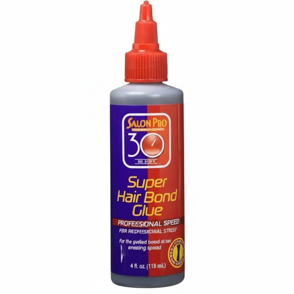 Salon Pro 30 Second Hair Bonding Glue product packaging: a grey bottle with a red pointed cap and a colorful blue, red, an...