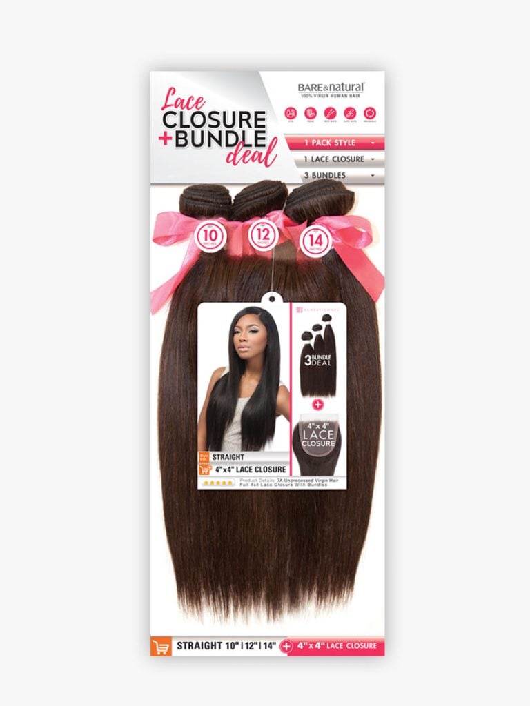 Sensationnel Bare & Natural Lace Closure + Bundle Deal. Straight dark brown hair bundles (10, 12, 14 inches) and a lace cl...