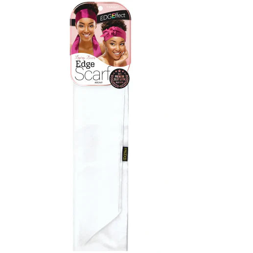 White edge scarf with packaging featuring a woman wearing a pink headband on a white background