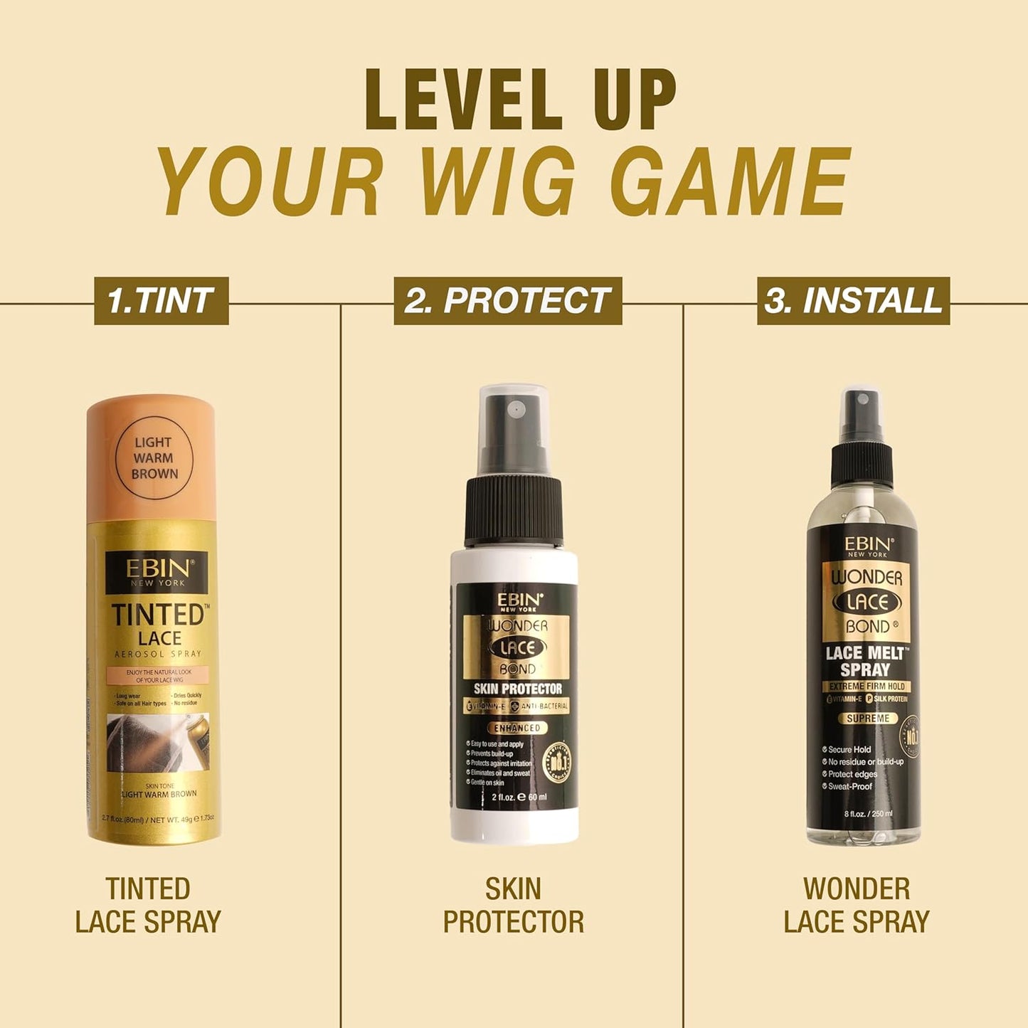Packaging for EBIN Tinted Lace Aerosol Spray in Medium Dark Brown, 2.7oz/80ml. A tall aerosol can with branded labels.