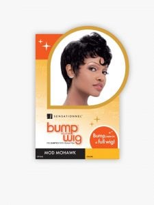 Packaging for HH BUMP WIG MOD MOHAWK, displaying a woman wearing a short, black, voluminous styled wig.