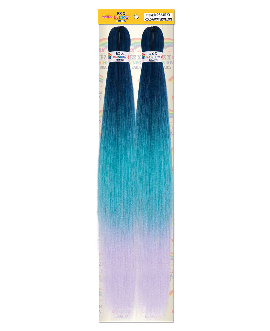 Alitress EZ X Rainbow Pre-Stretched Braid 54" packaging. Two bundles ombre from dark blue to aqua to light purple.