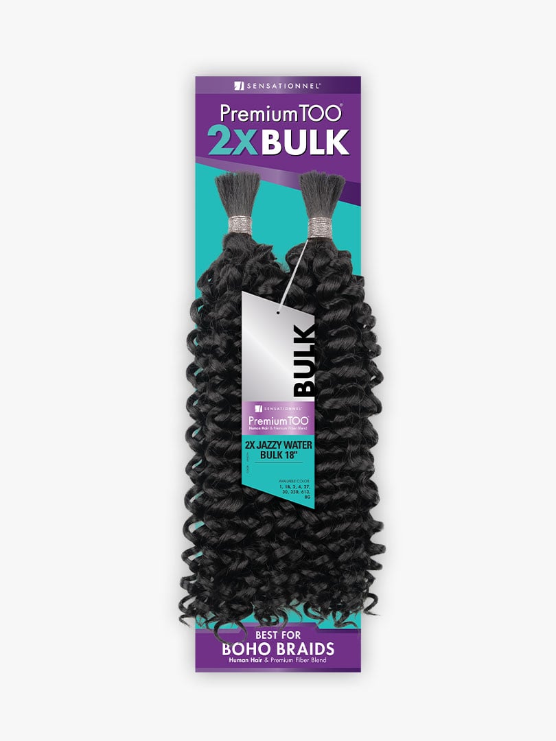 Packaging for Sensationnel Premium TOO 2X Jazzy Water Bulk 18. Features two bundles of long, black, tight curly hair.