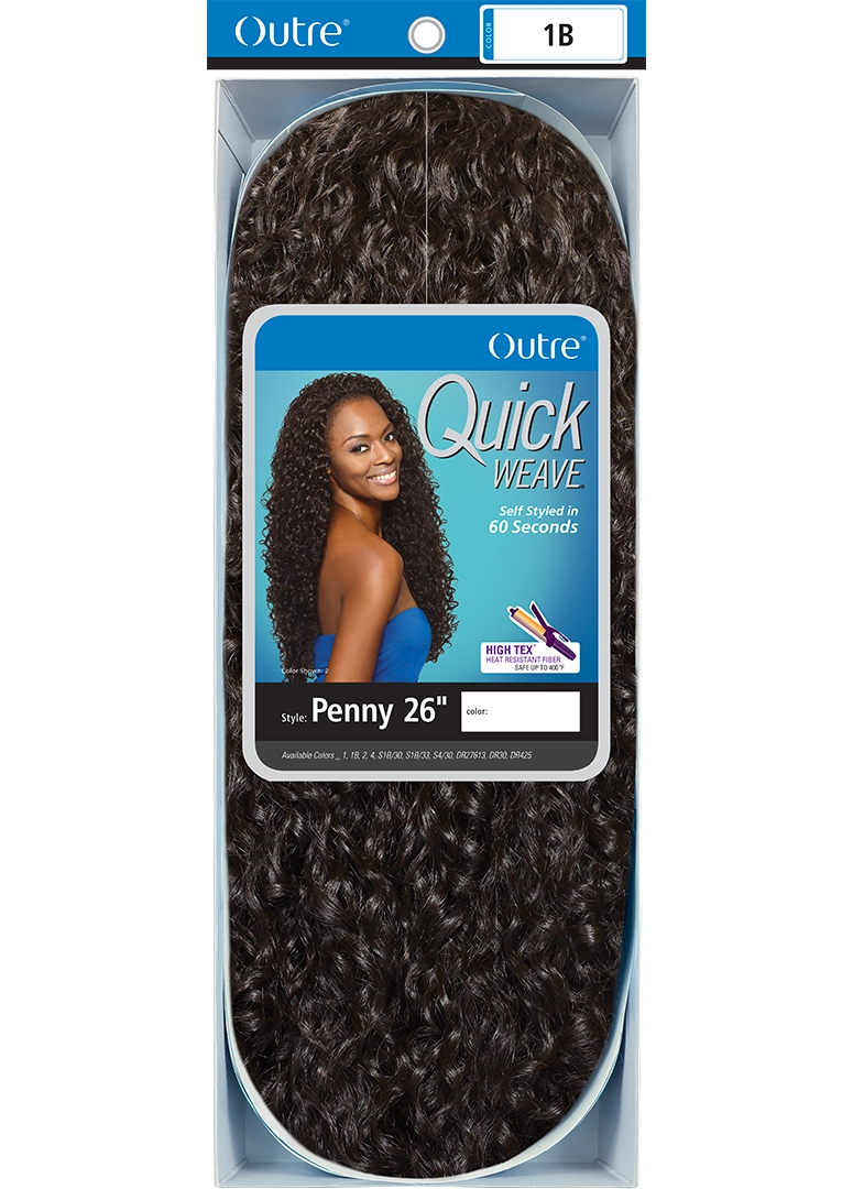 Quick Weave Penny 26" Synthetic Half Wig packaging. Model wears long, dark, tight curls. The wig's dark, wet-look texture ...