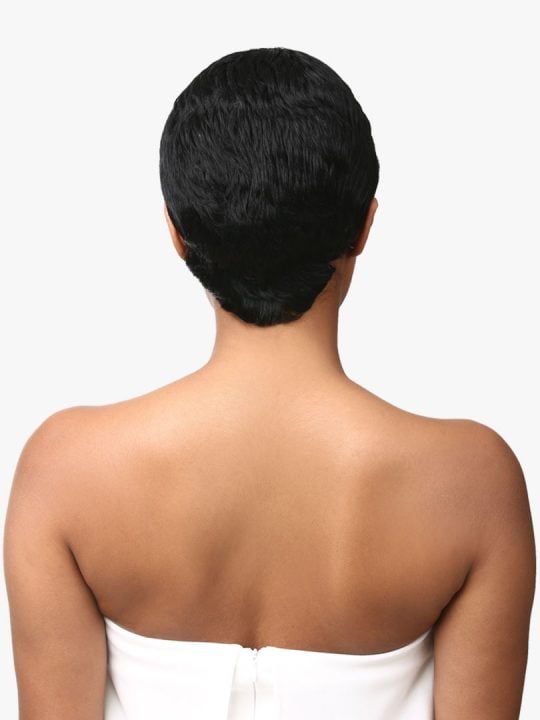 Back of person wearing HH EMPIRE WIG RIA CELEBRITY, a short black wavy wig tapered at the nape.