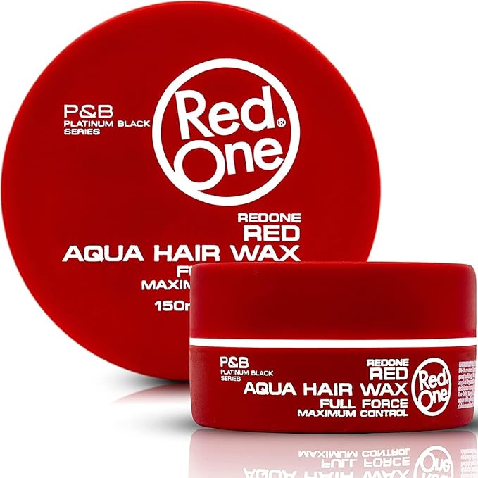 Red One Aqua Hair Wax Max Control packaging. Two red tubs with white text; one large round, one smaller.