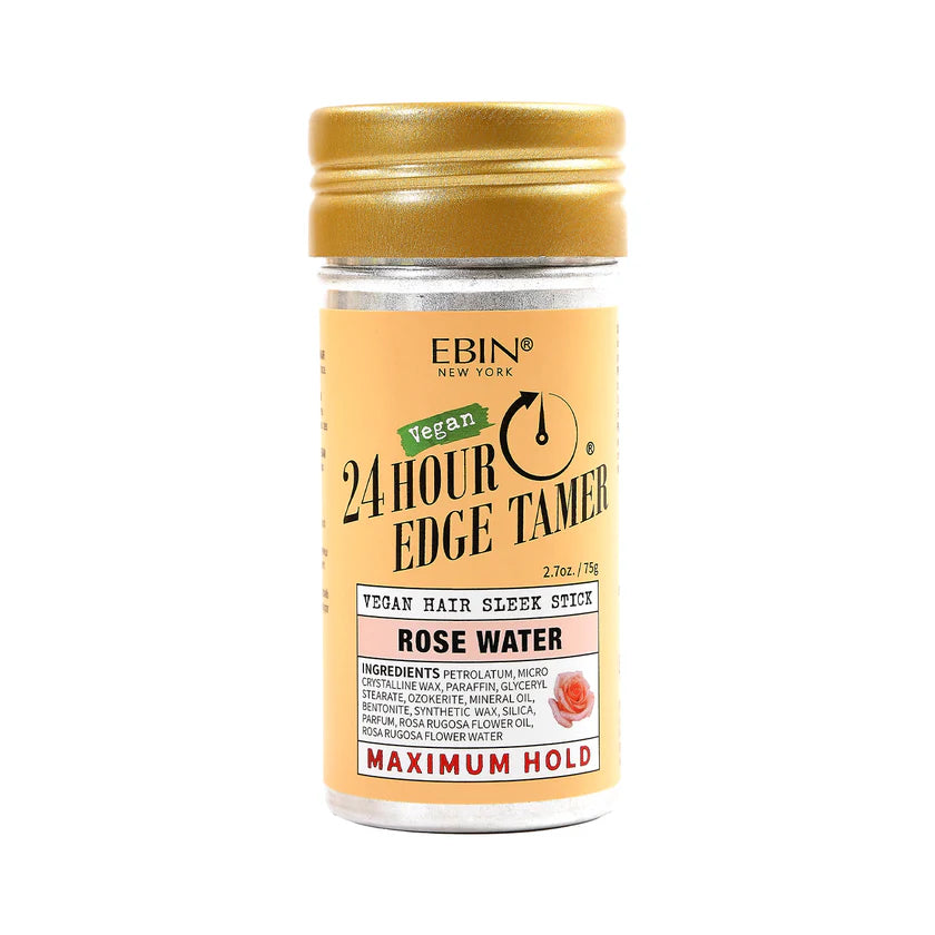 Product packaging: EBIN 24 Hour Edge Tamer Vegan Hair Sleek Stick. Clear jar with gold cap, peach label, rose graphic. Max...