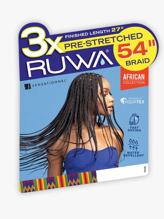 Ruwa 3X Pre-Stretched Braid 54" packaging features a woman with long, dark, flowing micro braids.