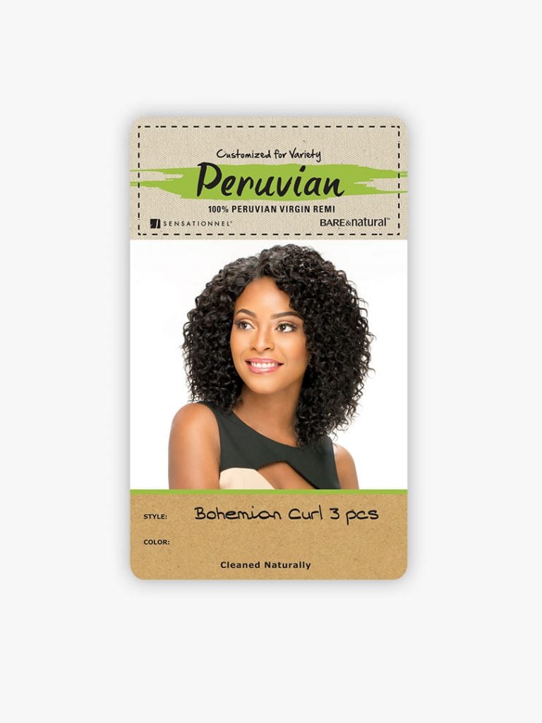 Packaging for HH BOHEMIAN 10S 3PCS-PERUVIAN (B&N) hair, featuring a smiling woman with dark, short, voluminous Bohemian cu...