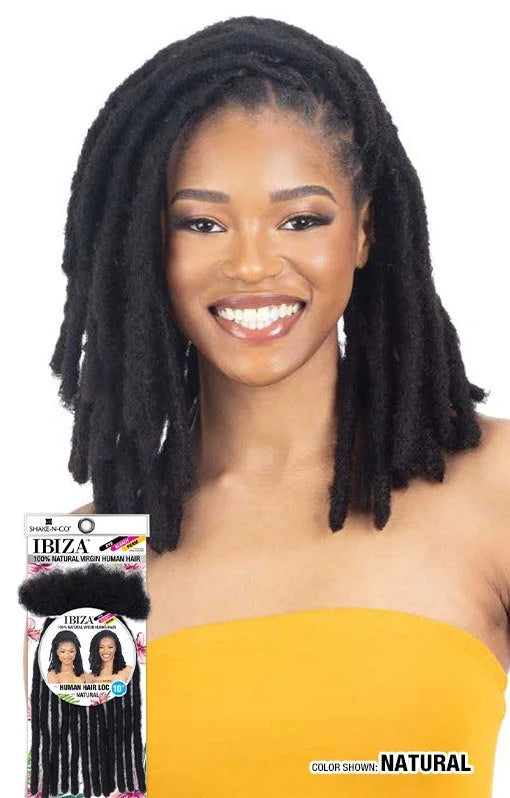 Smiling woman models shoulder-length natural black Ibiza 100% Human Hair Locs. Product packaging is shown.