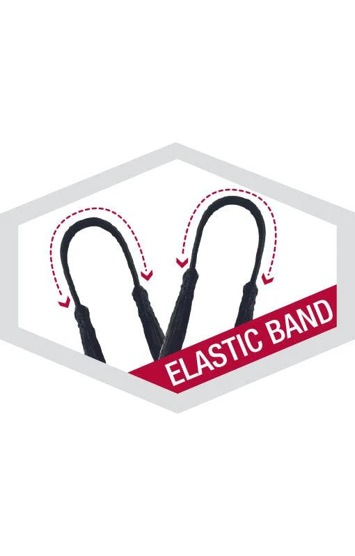 Graphic of two black Saga Crochet Pre-Loop Type elastic bands with arrows showing stretch and flexibility. ELASTIC BAND text.