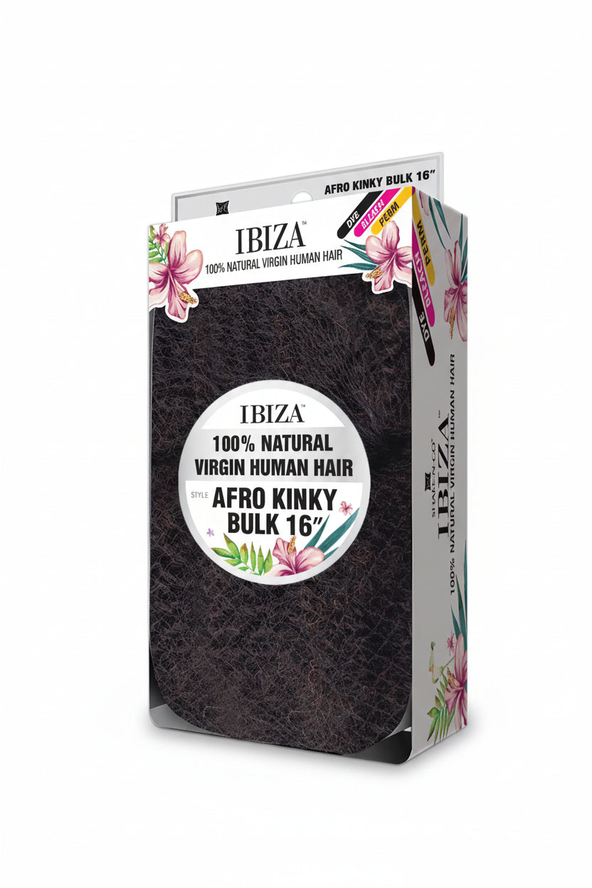 Ibiza Afro Kinky 16" Bulk Braiding Hair packaging, displaying dark, tightly coiled kinky human hair through a clear window.