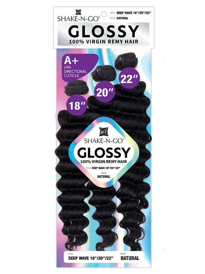 Shake-N-Go GLOSSY DEEP WAVE 3 BUNDLE DEAL packaging shows 18, 20, 22 inch natural wavy hair bundles.