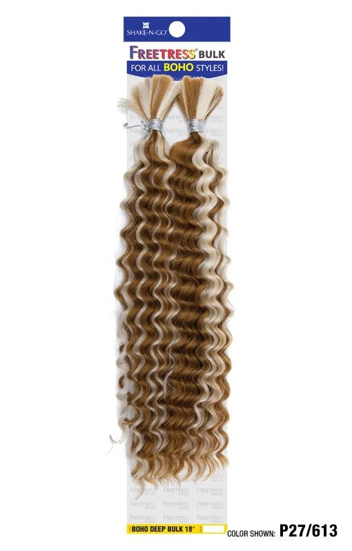 FREETRESS BOHO DEEP BULK hair packaging displaying two bundles of long, deep wavy mixed brown and blonde hair.