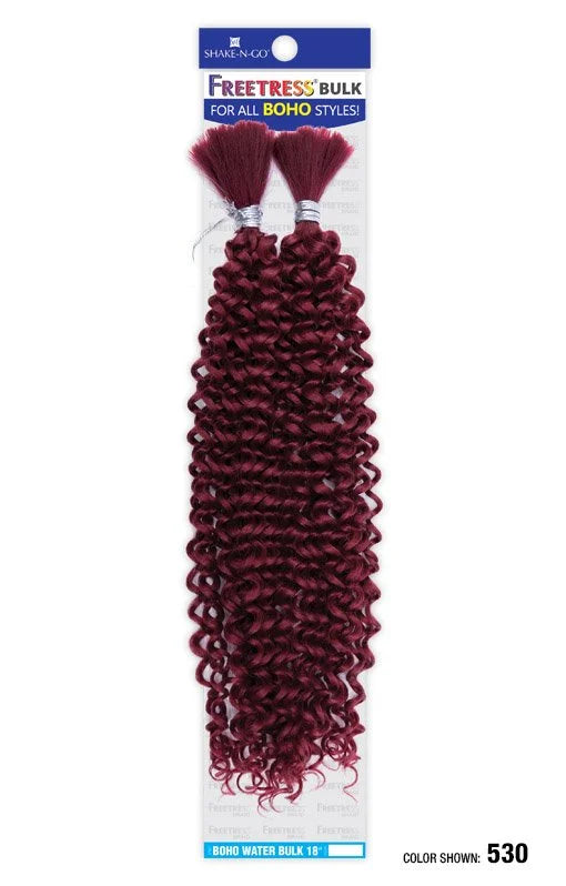 Packaging for FB BOHO WATER BULK 18" with two bundles of tightly coiled, deep red (color 530) hair extensions.