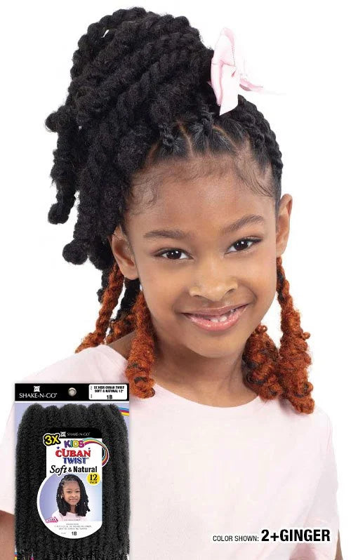Smiling girl with black & ginger 12" 3X Soft & Natural Kids Cuban Twist hair, high pony, pink bow. Product package shown.