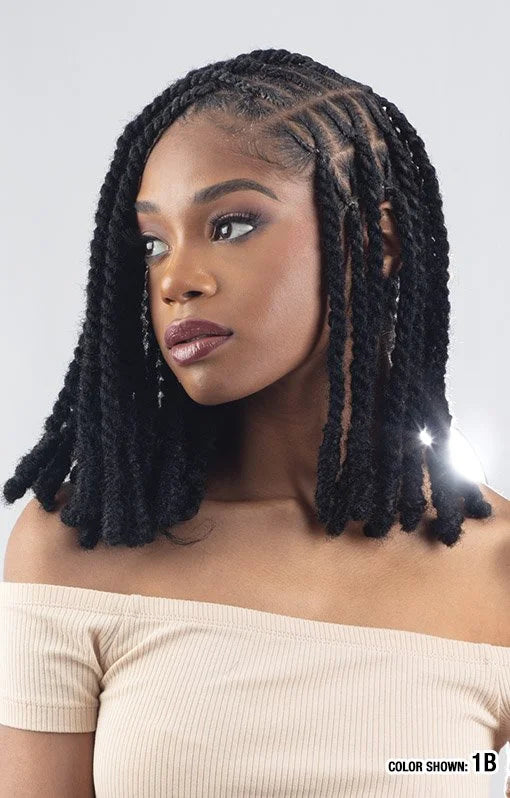Woman models Equal 3X Cuban Twist 16" black braiding hair as soft, shoulder-length twists with a side part.