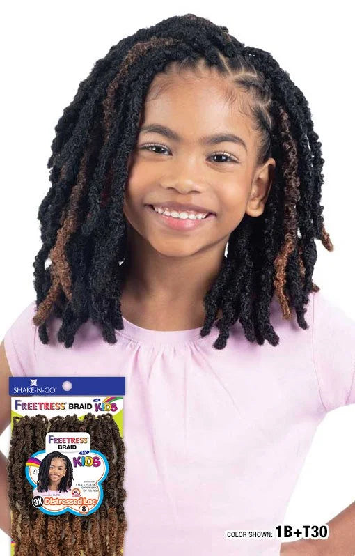 Smiling girl with Freetress Braid 3X Kids-Distressed Locs, black with brown highlights, shoulder-length. Packaging shown.