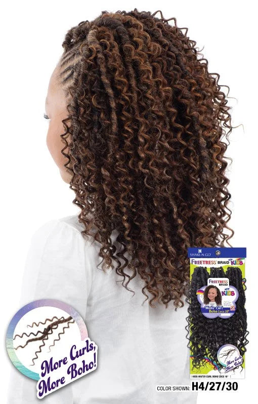Person modeling Freetress Braid Kids-Water Curl Crochet Boho Locs. Long, curly brown hair with highlights styled from corn...