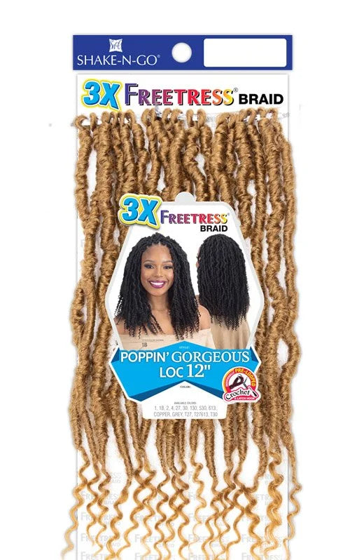 Packaging for Freetress Braid 3X Poppin' Gorgeous Loc 12" Crochet Faux Locs. Blonde textured hair with curly ends.